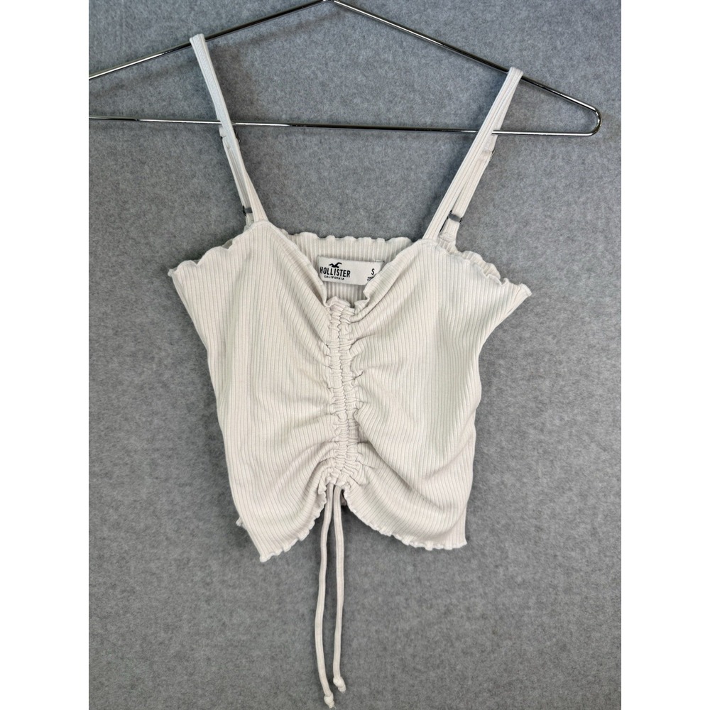 Hollister California white ribbed ruched drawstring front crop top